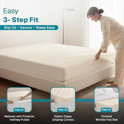 FABDREAMS Organic Quilted Mattress Protector Queen Size | Mattress Pad| Mattress Cover| Naturally Breathable | Noiseless| Fits up to 17" Deep Pocket| Temperature Regulating | Ivory