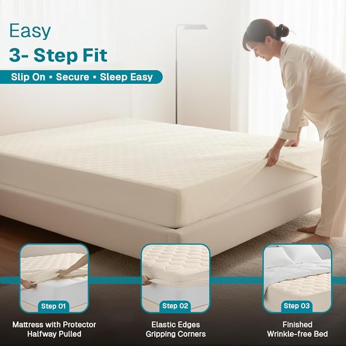 FABDREAMS Organic Quilted Mattress Protector King Size | Mattress Pad | Mattress Cover| Naturally Breathable | Noiseless| Fits up to 17" Deep Pockets| Temperature Regulating | Ivory