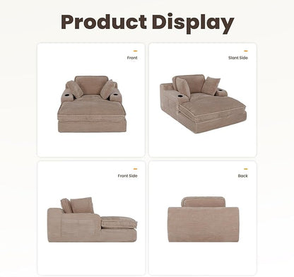 67" Chaise Lounge Chair Indoor, Cozy Oversized Fluffy Sofa with Cup Holders & Throw Pillows, Boneless Sleeper Cloud Couch for Living Room, Movie Room and Apartments, Camel