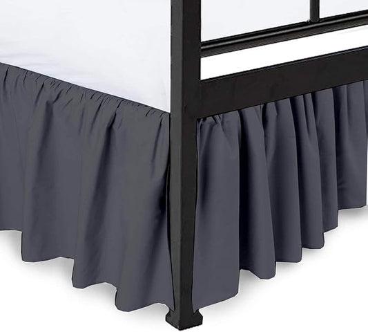 Shreem Linen Ruffled Bed Skirt with Split Corners, Gathered Style, 100% Microfiber, 15-Inch Drop, Dust Ruffle Bedskirt with Platform, King, Dark Grey