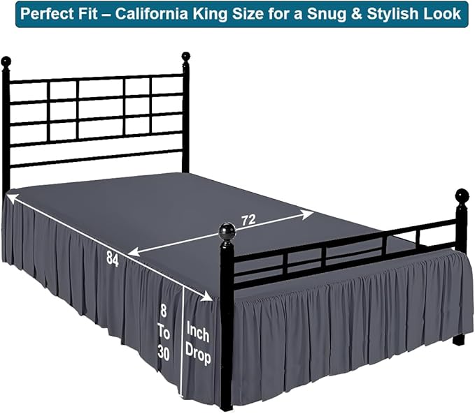 Shreem Linen Ruffled Bed Skirt with Split Corners, Gathered Style, 100% Microfiber, 16-Inch Drop, Dust Ruffle Bedskirt with Platform, Cal-King, Dark Grey