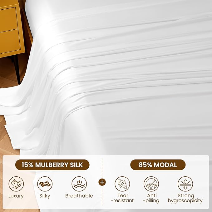Luxury Mulberry Silk Modal King Size Sheet Set 4pc, Ultra Breathable & Cooling Bed Sheets for Hot Sleepers, Hotel Luxury Silky Bedding Sheets, 16" Deep Pocket(King,White)