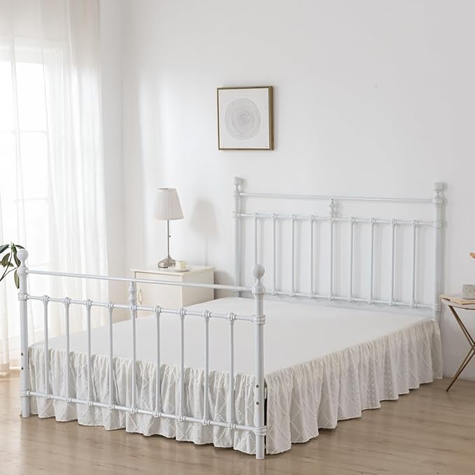 Bed Skirt Queen Size Ruffled Bed Skirt with Split Corners, 18 Inch Drop Dust Ruffle Bed Skirts with Platform, Boho Tufted Shabby Chic Queen Size Bed Skirts, Ivory