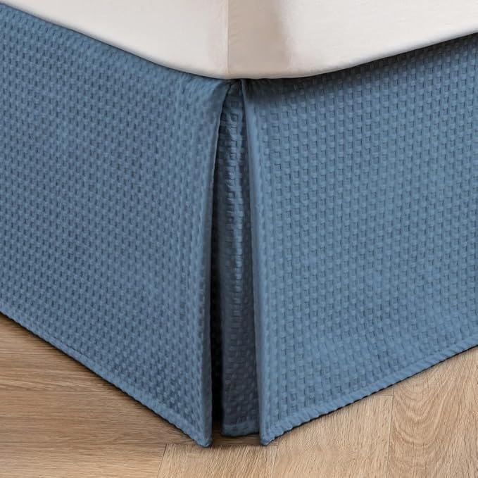 MIYE Pleated Waffle Weave Bed Skirt, Tailored Dust Ruffle 14 Inch Drop Easy Fit, Machine Washable (Blue, Twin - 14" Drop)