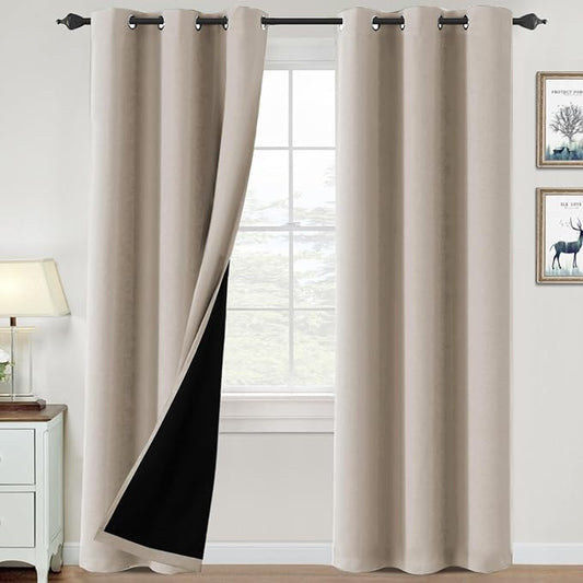 H.VERSAILTEX 100% Blackout Curtains for Bedroom Thermal Insulated Blackout Curtains Heat and Full Light Blocking Curtains for Living Room with Black Liner 2 Panels Set, 42 x 84 Inch, Natural