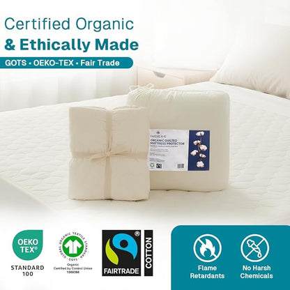 FABDREAMS Organic Quilted Mattress Protector Twin Size | Mattress Pad| Mattress Cover| Naturally Breathable | Noiseless| Fits up to 17" Deep Pockets| Temperature Regulating | Ivory