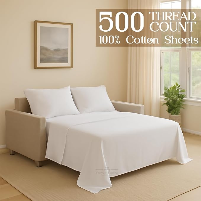 Sleeper Sofa 4 Piece Bed Sheet Set Premium Quality 100% Cotton 500 Thread Count, Smooth & Super Soft Sateen Weave, Extra Soft Bed Sheets, Wrinkle Free, 6 Inch Deep Pocket (Full, White)
