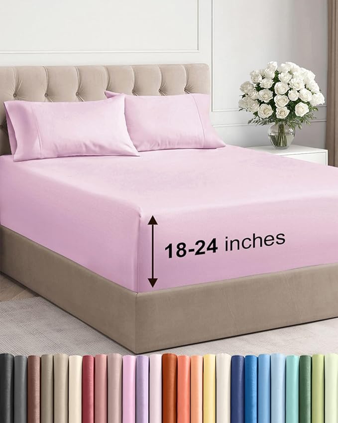 Extra Deep Pocket Queen Sheet Set - 4 Piece Breathable & Cooling Bed Sheets - Hotel Luxury Sheet Set - Soft, Wrinkle Free & Comfy - Easily Fits Extra Deep Mattresses - Deep Pocket Light Pink Sheets