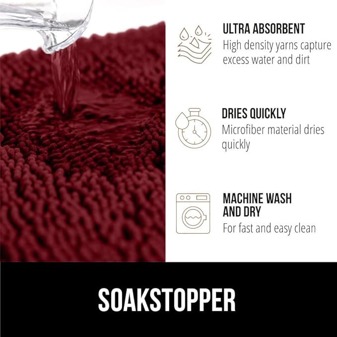 GORILLA GRIP SOAKSTOPPER Dog Door Mat, 48x30 Machine Washable Rug Absorbent Doormat Captures Moisture Mud Dirt, Quick Dry Soft Chenille Entryway Rugs Indoor Entrance Mats for Dog Paws, Burgundy