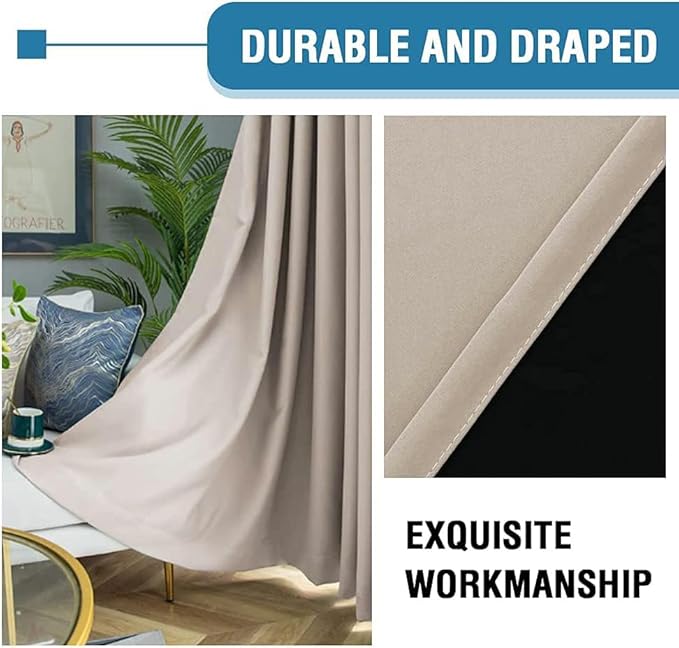 H.VERSAILTEX 100% Blackout Curtains for Bedroom Thermal Insulated Blackout Curtains 45 inch Length Heat and Full Light Blocking Curtains for Living Room with Black Liner 2 Panels Set, Natural Sand