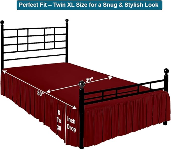 Shreem Linen Ruffled Bed Skirt with Split Corners, Gathered Style, 100% Microfiber, 18-Inch Drop, Dust Ruffle Bedskirt with Platform, Twin-XL, Burgundy