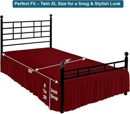 Shreem Linen Ruffled Bed Skirt with Split Corners, Gathered Style, 100% Microfiber, 8-Inch Drop, Dust Ruffle Bedskirt with Platform, Twin-XL, Burgundy