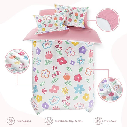 SANDJEST Floral Full Bedding Sets for Girl, Ultra Soft Microfiber Comforter Bed Set with 4-Pieces, Flower Comforters Sets for Kids Children Girl Teen Tween Bedroom Decor