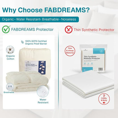 FABDREAMS Organic Quilted Mattress Protector Queen Size | Mattress Pad| Mattress Cover| Naturally Breathable | Noiseless| Fits up to 17" Deep Pocket| Temperature Regulating | Ivory