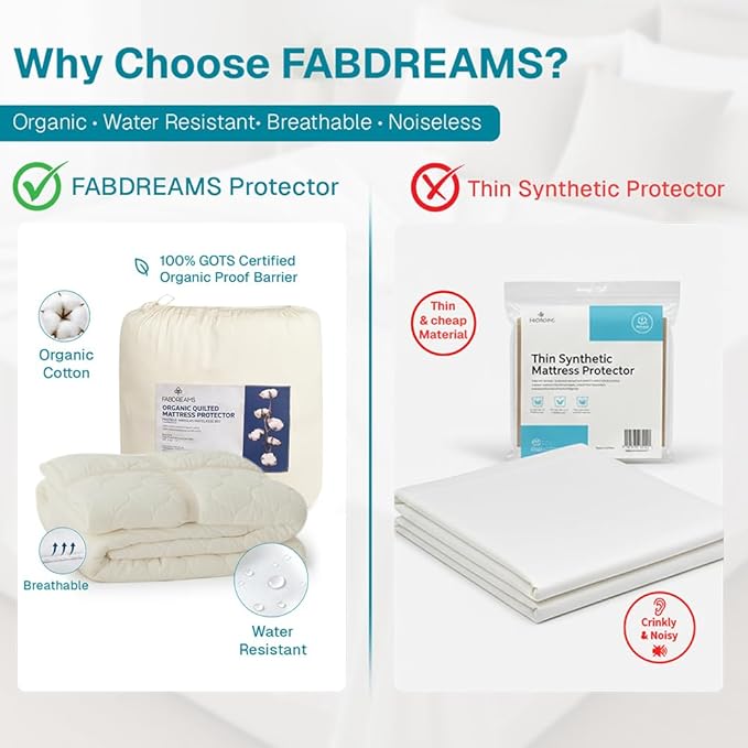 FABDREAMS Organic Quilted Mattress Protector Twin XL Size | Mattress Pad| Mattress Cover| Naturally Breathable | Noiseless| Fits up to 17" Deep Pockets| Temperature Regulating | Ivory
