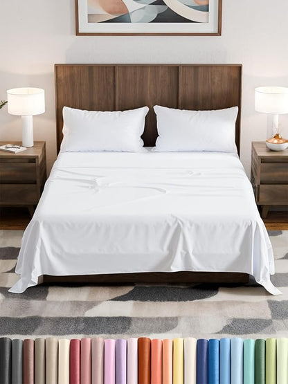 Olympic Queen Sheet Set 66x80 – Luxury RV Olympic Queen Sheets – Soft, Cooling, Comfy & Breathable - 1 Flat, 1 Fitted & 2 Pillowcases w/ 14" to 16" Deep Pockets – Wrinkle Resistant & Fade Free – White