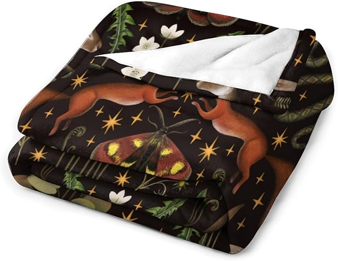 Rustic Forest Throw Blanket, Fairy Tale Forest Land Wild Animals Moths Flowers Moon Star Soft Flannal Blanket for Adult Kids Bed Couch Sofa, 30"x40"