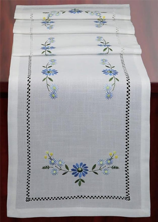 Creative Linens Hemstitched Embroidered Daisy Flower Table Runner 15x52 Dresser Scarf White Blue Rectangular