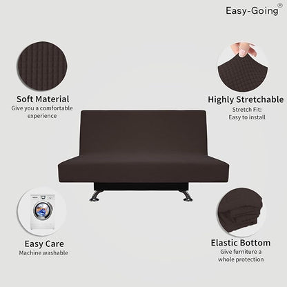Easy-Going Stretch Futon Slipcover Armless Futon Bed Cover Furniture Protector Without Armrests with Elastic Bottom for Kids, Soft Jacquard Fabric Small Checks (Medium, Chocolate)