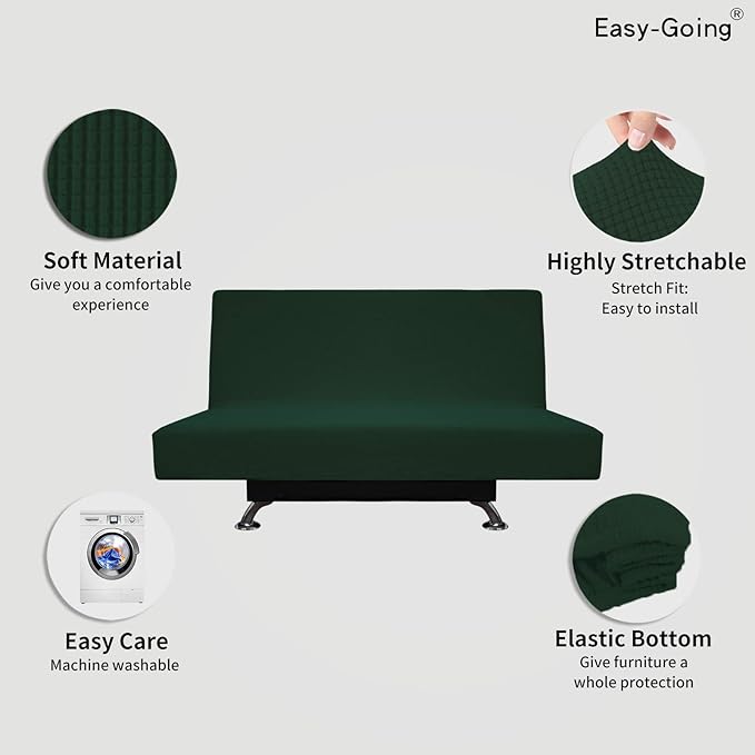 Easy-Going Stretch Futon Slipcover Armless Futon Bed Cover Furniture Protector Without Armrests with Elastic Bottom for Kids, Soft Jacquard Fabric Small Checks (Medium, Dark Green)