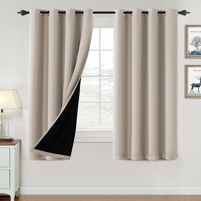 H.VERSAILTEX 100% Blackout Curtains for Bedroom Thermal Insulated Blackout Curtains 63 inch Length Heat and Full Light Blocking Curtains for Living Room with Black Liner 2 Panels Set, Natural