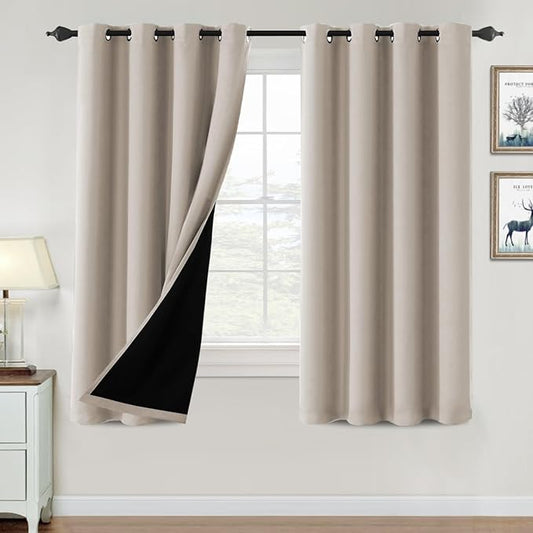 H.VERSAILTEX 100% Blackout Curtains for Bedroom Thermal Insulated Blackout Curtains 63 inch Length Heat and Full Light Blocking Curtains for Living Room with Black Liner 2 Panels Set, Natural