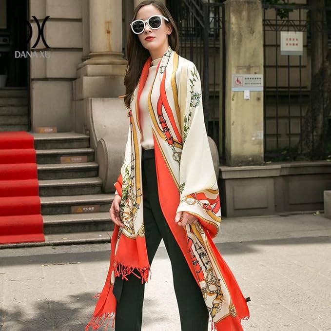 DANA XU 100% Merino Wool Extra Large Pashmina Blanket Travel Scarf Cashmere Wrap for Women Fall Winter Oversize Shawl Floral