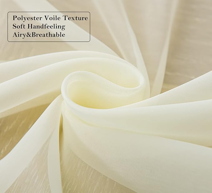 PI Sheer Curtains Panels Ring Top,Casual Voile Sheer Curtain for Dining Room/Living Room 2 Panels (W52 X L95, Butter)