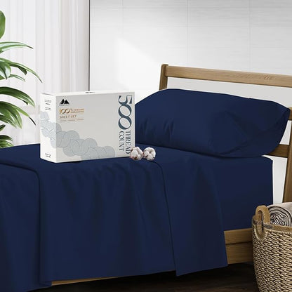 Mayfair Linen 500 Thread Count Twin XL Cotton Sheets - 3 PC Twin XL Size Bed Sheet Set Cotton (Navy Blue), Ultra Soft, Cooling, Sateen Weave Hotel-Quality 16" Deep Pocket Bedsheet (Fits 18" Mattress)