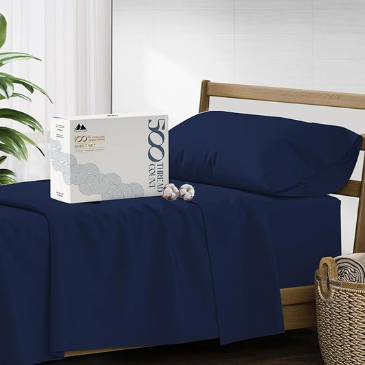 Mayfair Linen 500 Thread Count Twin XL Cotton Sheets - 3 PC Twin XL Size Bed Sheet Set Cotton (Navy Blue), Ultra Soft, Cooling, Sateen Weave Hotel-Quality 16" Deep Pocket Bedsheet (Fits 18" Mattress)