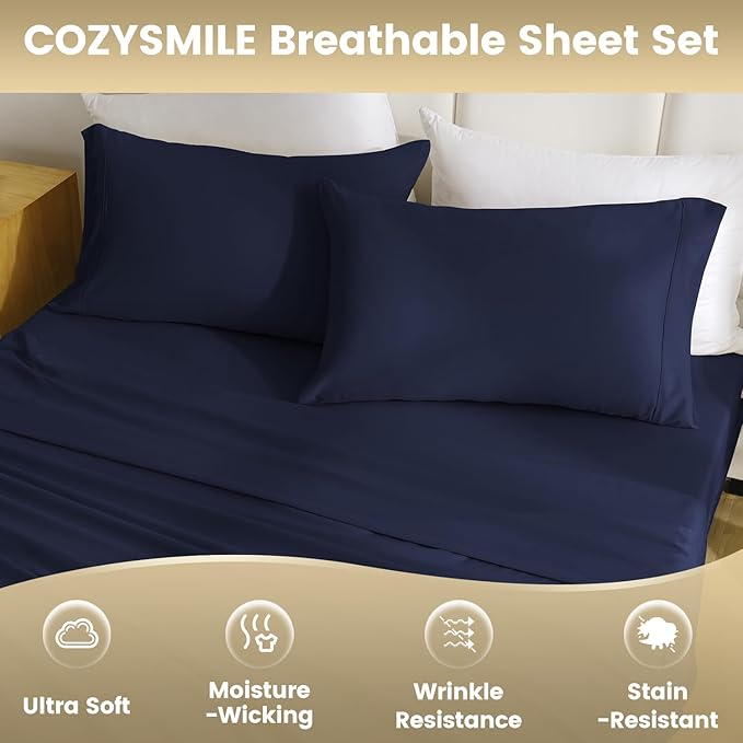 Twin XL Sheet Set - 3 Piece Silky Soft Breathable Bed Sheet & Pillowcase Set, 16" Deep Pocket Hotel Luxury Wrinkle Free Easy Care Bedding Sheets, Dark Blue
