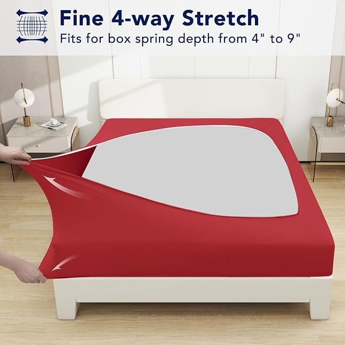 PureFit Stretchy Box Spring Cover King - Elastic Fitted Box Spring Wrap Around 4 Sides, Wrinkle & Fading Resistant Fits King and C-King Size Beds, Red