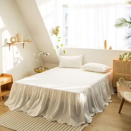 BISELINA French Linen Bed Skirt with Pleated Frills 18-Inch Tailored Drop Natural Flax Cotton Blend Dust Ruffle Soft Cozy Farmhouse Bedding (18" King, Ruffle White)