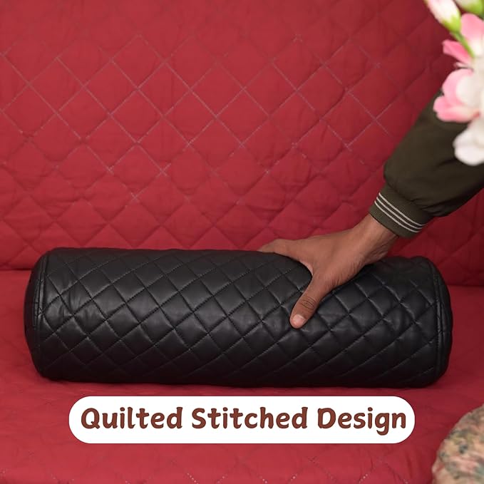 Neck Roll Pillow Cushion Cover, 22x6 Inch Full Moon Round Bolster Pillow Case, Cylinder Soft Lambskin Leather Pillowcase for Head, Spine & Neck Support During Sleep - Quilted Black Pack of 2