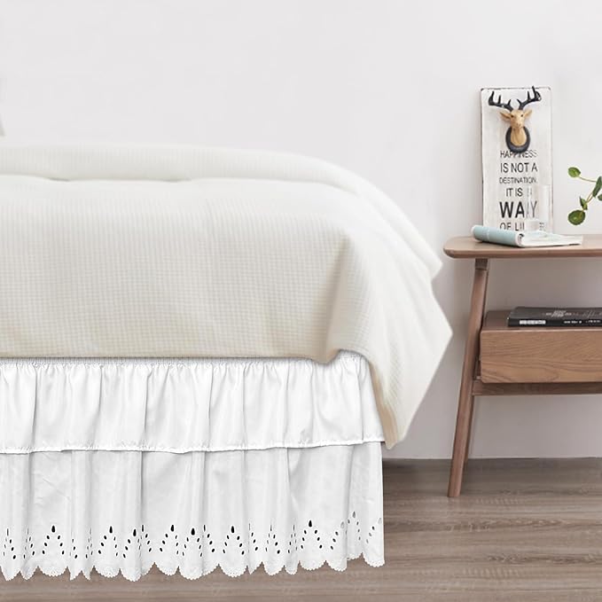 King Bed Skirt, Double-Layered Ruffled Eyelet Bed Skirt, Wrap-Around Elastic Dust Ruffle King Size with Gathered Styling and Embroidered Details, 18" Drop Length (White)