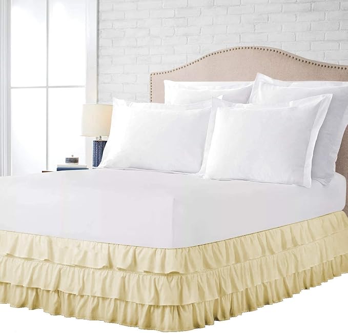 Multi-Ruffle Bed Skirt, Soft Multi Ruffle Bed Skirt Elastic Dust Ruffles with Wrap Around Bed Skirt Easy Fit with 18 Inch Drop 100% Cotton 800 Thread Count Bed Skirt (California King, Ivory)