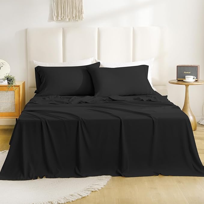 Silky Soft Queen Size Sheet Set - Luxury 4 Piece Breathable Cooling Sheets for Queen Size Bed, 16" Deep Pocket Easy Care Wrinkle Free Bedding Sheet and Pillowcase Set, Black
