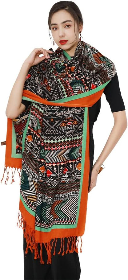 DANA XU 100% Merino Wool Pashmina Shawl for Women 96"x43", Oversized Cashmere Wrap with Tassels, Floral Travel Blanket Cape