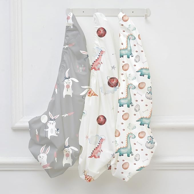 Nap Mat Sheet 47"x24", 3 Pack Dinosaur Baby Crib Sheets Fitted Elastic Corners, Preschool Day Care Rest Mat Cover, Soft Breathable - Compatible with Regalo My Cot, Joovy Travel Cot