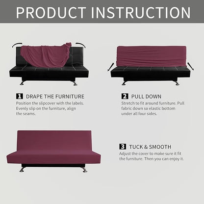 Easy-Going Stretch Futon Slipcover Armless Futon Bed Cover Furniture Protector Without Armrests with Elastic Bottom for Kids, Soft Jacquard Fabric Small Checks (Medium, ASH Rose)
