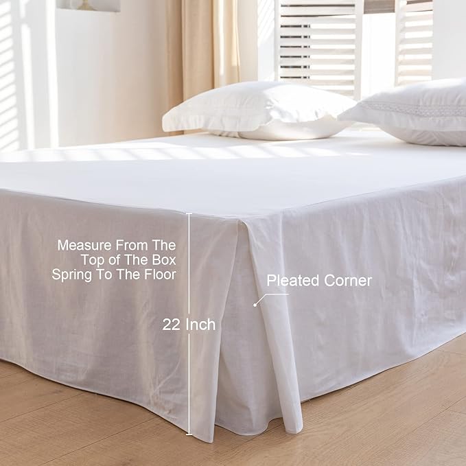 BISELINA French Linen Bed Skirt with Pleated Corner 22-Inch Tailored Drop Natural Flax Cotton Blend Basic Dust Ruffle Soft Cozy Farmhouse Bedding (22" King, Basic White)