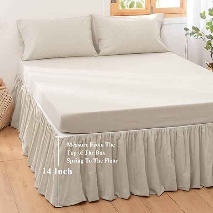 BISELINA French Linen Bed Skirt with Pleated Frills 14-Inch Tailored Drop Natural Flax Cotton Blend Dust Ruffle Soft Cozy Farmhouse Bedding (14" Queen, Linen)
