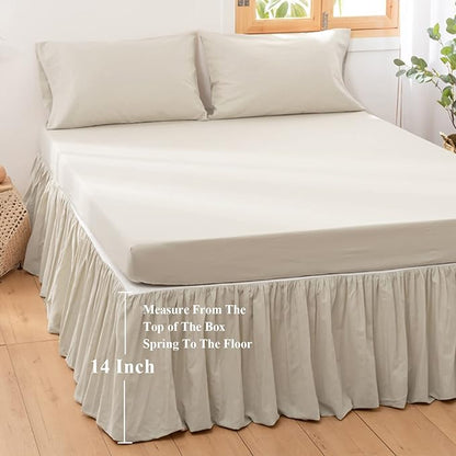 BISELINA French Linen Bed Skirt with Pleated Frills 14-Inch Tailored Drop Natural Flax Cotton Blend Dust Ruffle Soft Cozy Farmhouse Bedding (14" Queen, Linen)