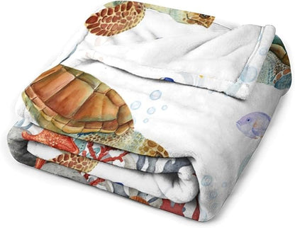 Sea Turtle Throw Blanket, Teal Blue Ocean Underwater Animal Starfish Fish Nautical Coastal Theme Fleece Flannel Blanket for Couch Sofa Bedroom Adults Kids, 30"x40"