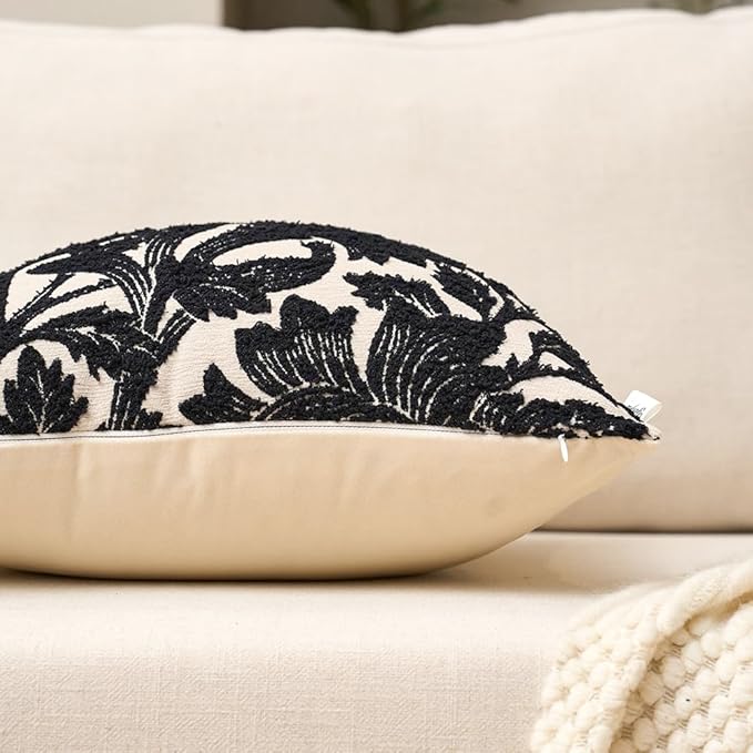 Yangest Chenille Floral Pillow Cover 12 x 20 Inches, Neutral Jacquard Rectangle Throw Pillow Cover Soft Decorative Nature Accent Couch Pillow Cover for Living Room Bedroom, Black