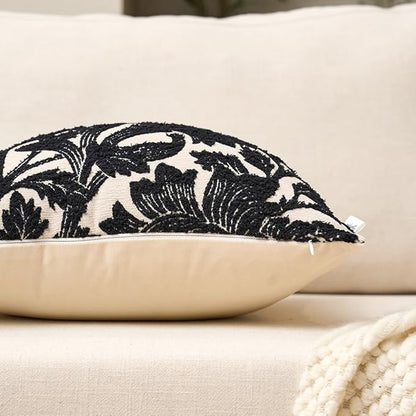Yangest Chenille Floral Pillow Cover 12 x 20 Inches, Neutral Jacquard Rectangle Throw Pillow Cover Soft Decorative Nature Accent Couch Pillow Cover for Living Room Bedroom, Black