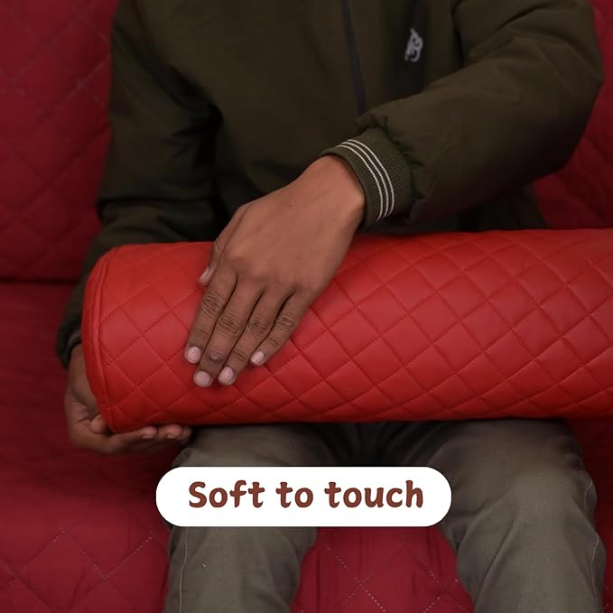 Neck Roll Pillow Cushion Cover, 24x6 Inch Full Moon Round Bolster Pillow Case, Cylinder Soft Lambskin Leather Pillowcase for Head, Spine & Neck Support During Sleep - Quilted Cherry Red Pack of 1