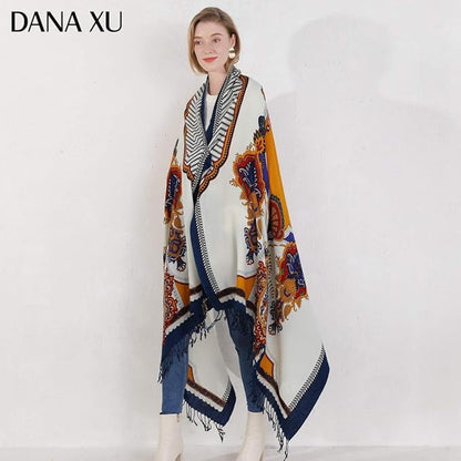 DANA XU 100% Merino Wool Extra Large Pashmina Blanket Travel Scarf Cashmere Wrap for Women Fall Winter Oversize Shawl Floral