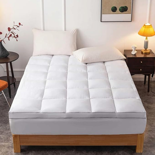 DROVAN Mattress Topper Olympic Queen Size - Extra Thick Mattress Pad Cover - Pillow Top Deep Pocket with Breathable 7D Spiral Fiber Filling Cooling Mattress Cover, Super Queen