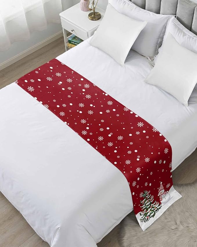 Christmas Tree Snowflakes Snowman Bed Runners for Bedroom Hotel,Decorative Bedding Scarf Red White Green Bed End Blanket Bedding Runner Scarves for King Size Bed,102x20in
